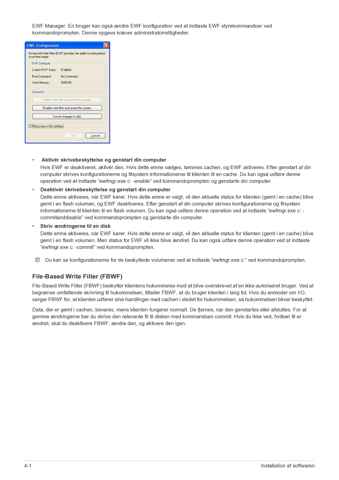 Samsung LF19MGSLBR/EN, LF24MGSLBR/EN manual File-Based Write Filter Fbwf, Aktivér skrivebeskyttelse og genstart din computer 