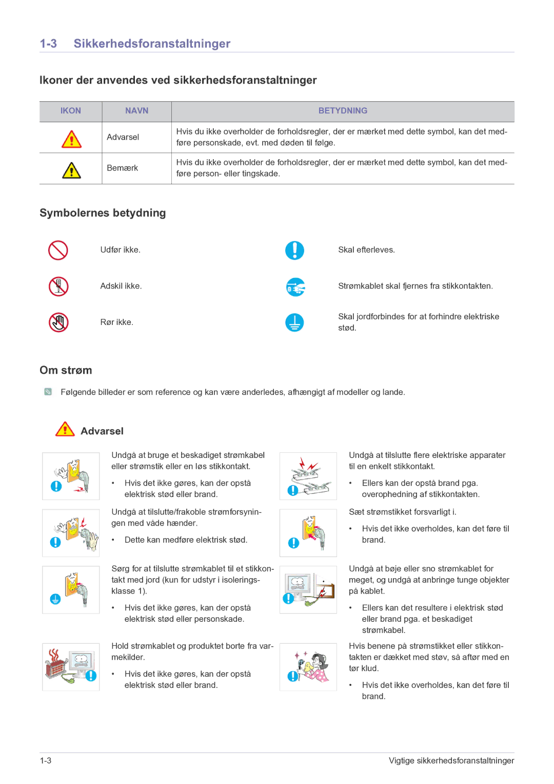 Samsung LF19MGSLBR/EN manual Sikkerhedsforanstaltninger, Ikoner der anvendes ved sikkerhedsforanstaltninger, Om strøm 