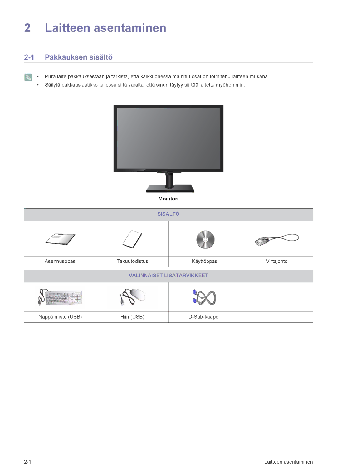 Samsung LF19MGSLBR/EN, LF24MGSLBR/EN manual Laitteen asentaminen, Pakkauksen sisältö, Sisältö, Valinnaiset Lisätarvikkeet 