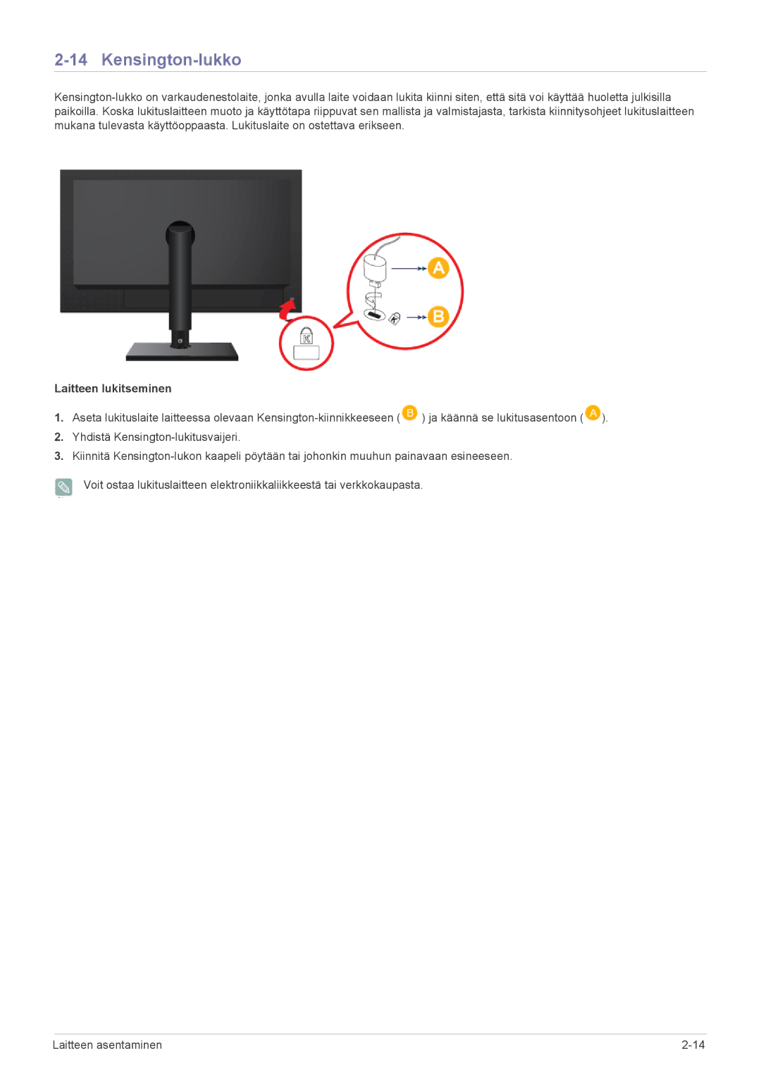 Samsung LF24MGSLBR/EN, LF19MGSLBR/EN manual Kensington-lukko, Laitteen lukitseminen 