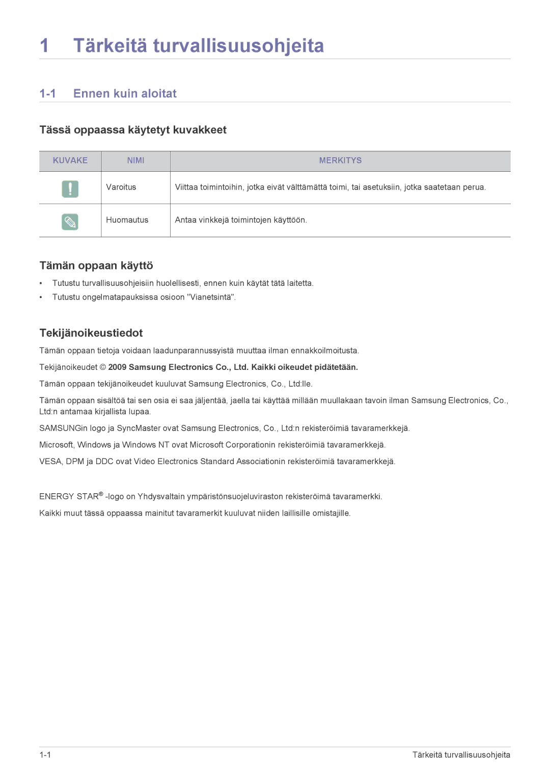 Samsung LF19MGSLBR/EN, LF24MGSLBR/EN Tärkeitä turvallisuusohjeita, Ennen kuin aloitat, Tässä oppaassa käytetyt kuvakkeet 