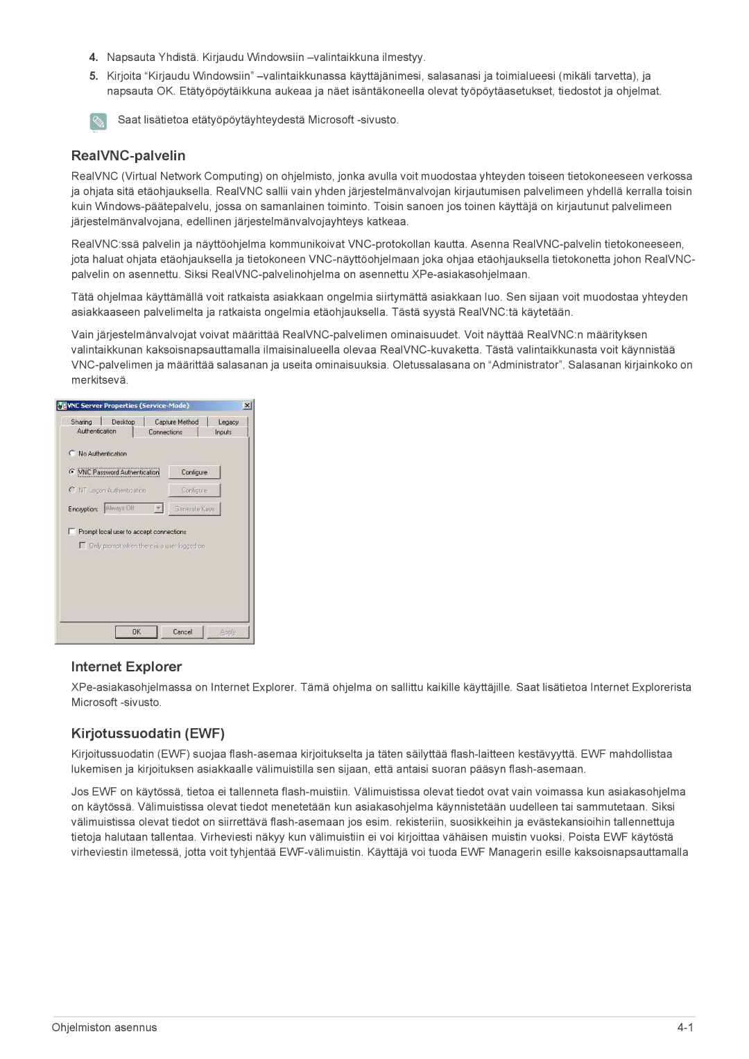 Samsung LF24MGSLBR/EN, LF19MGSLBR/EN manual RealVNC-palvelin, Internet Explorer, Kirjotussuodatin EWF 