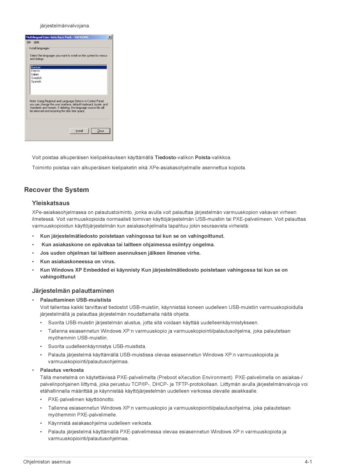 Samsung LF24MGSLBR/EN manual Recover the System, Yleiskatsaus, Järjestelmän palauttaminen, Palauttaminen USB-muistista 