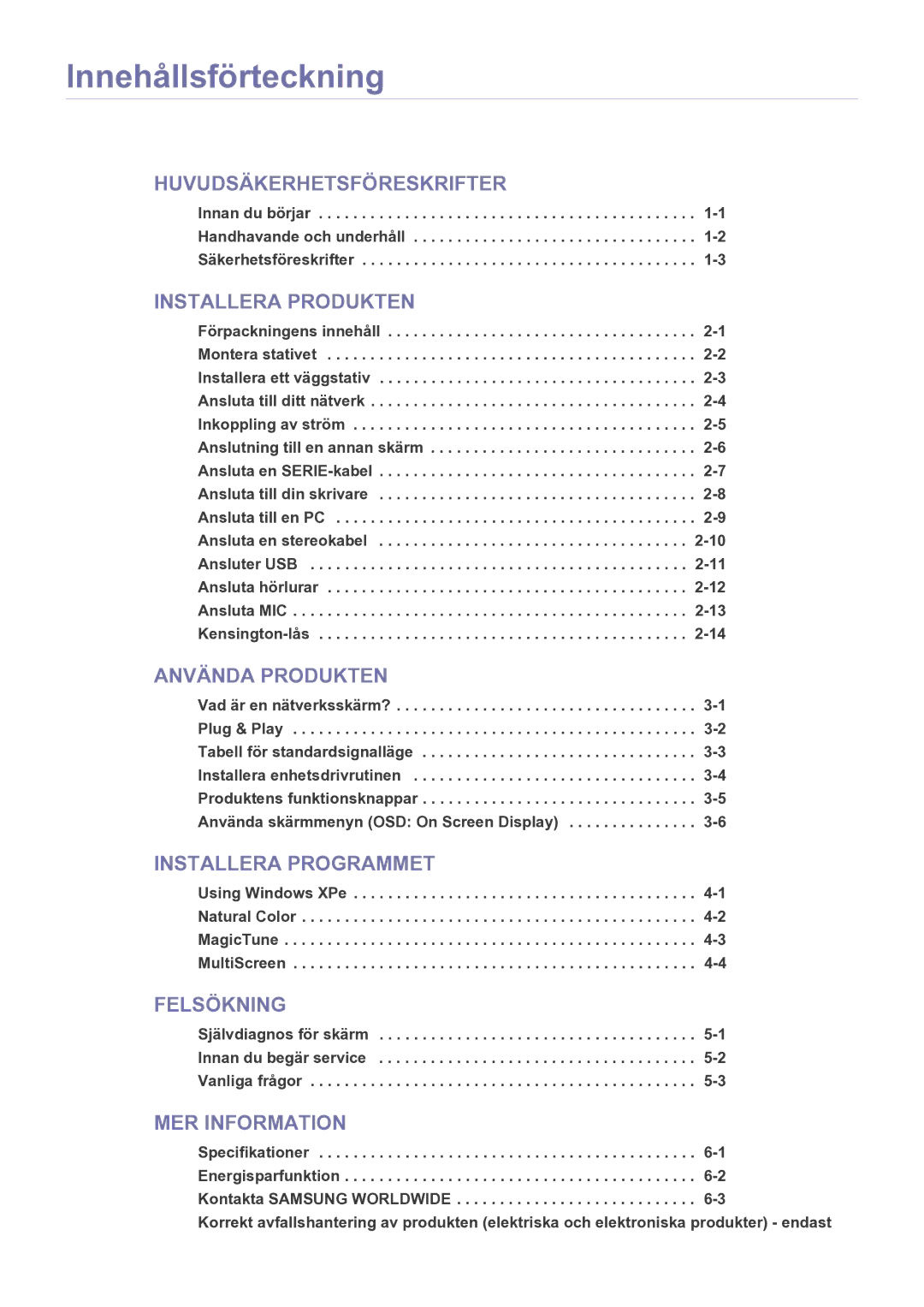 Samsung LF24MGSLBR/EN, LF19MGSLBR/EN manual Innehållsförteckning, Installera Produkten 