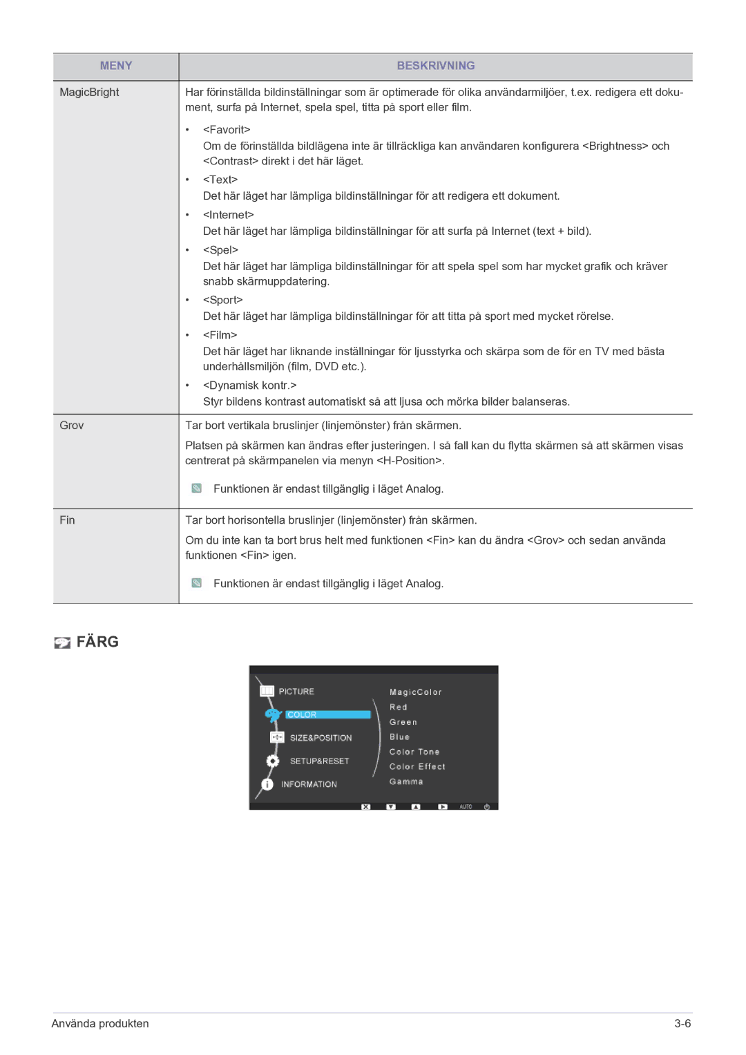 Samsung LF19MGSLBR/EN, LF24MGSLBR/EN manual Färg 