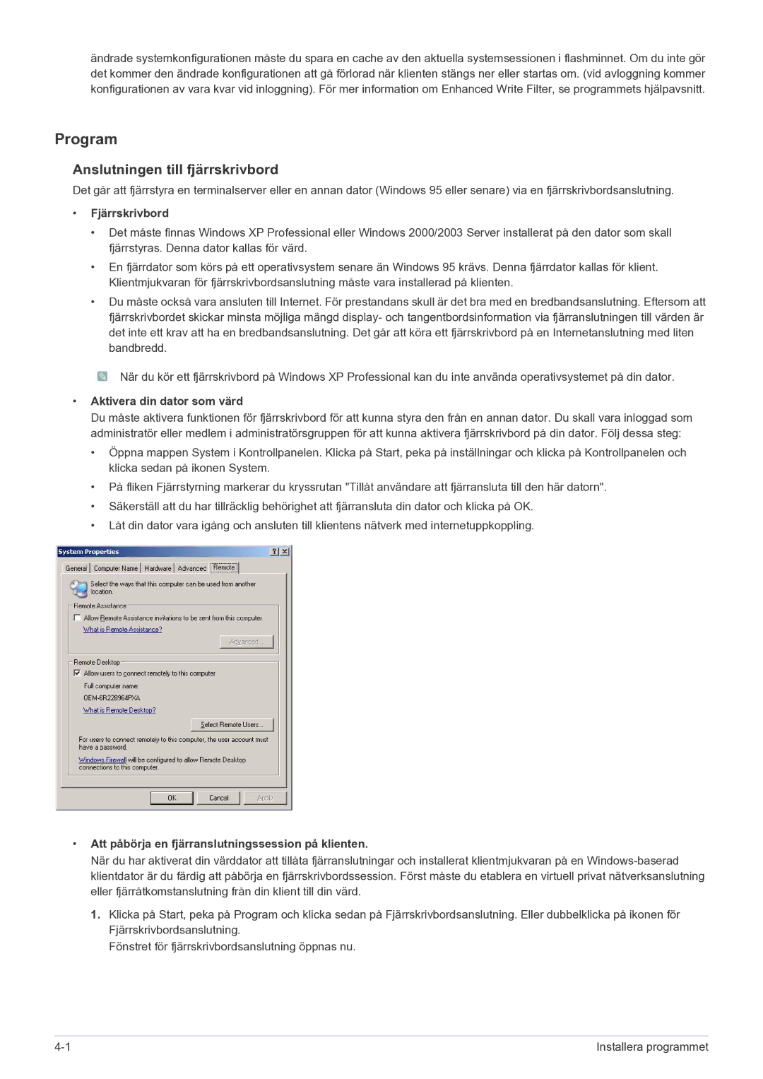 Samsung LF24MGSLBR/EN manual Program, Anslutningen till fjärrskrivbord, Fjärrskrivbord, Aktivera din dator som värd 