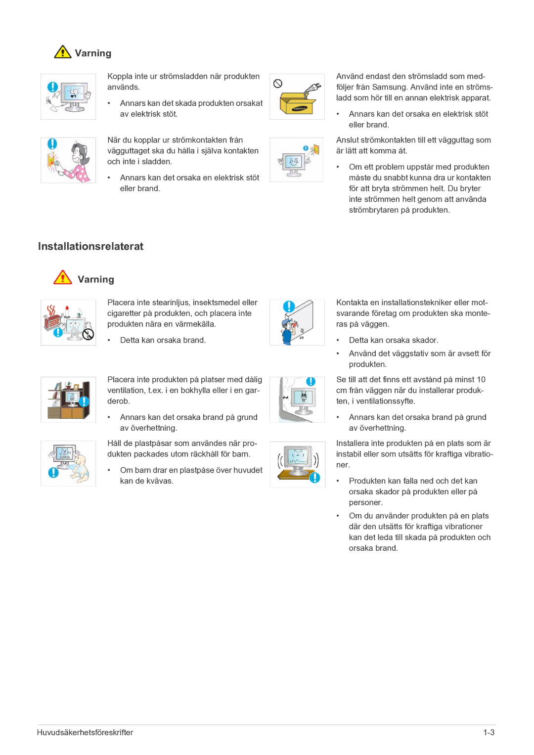 Samsung LF19MGSLBR/EN, LF24MGSLBR/EN manual Installationsrelaterat, Om barn drar en plastpåse över huvudet kan de kvävas 