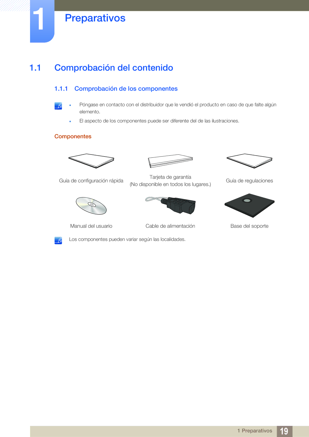 Samsung LF24FN1PFBZXEN manual Preparativos, Comprobación del contenido, Comprobación de los componentes, Componentes 