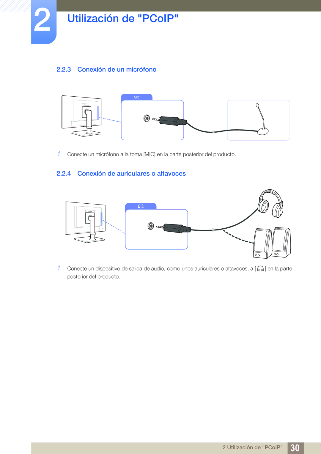 Samsung LF24NEBHBNM/EN, LF24FN1PFBZXEN manual Conexión de un micrófono, Conexión de auriculares o altavoces 