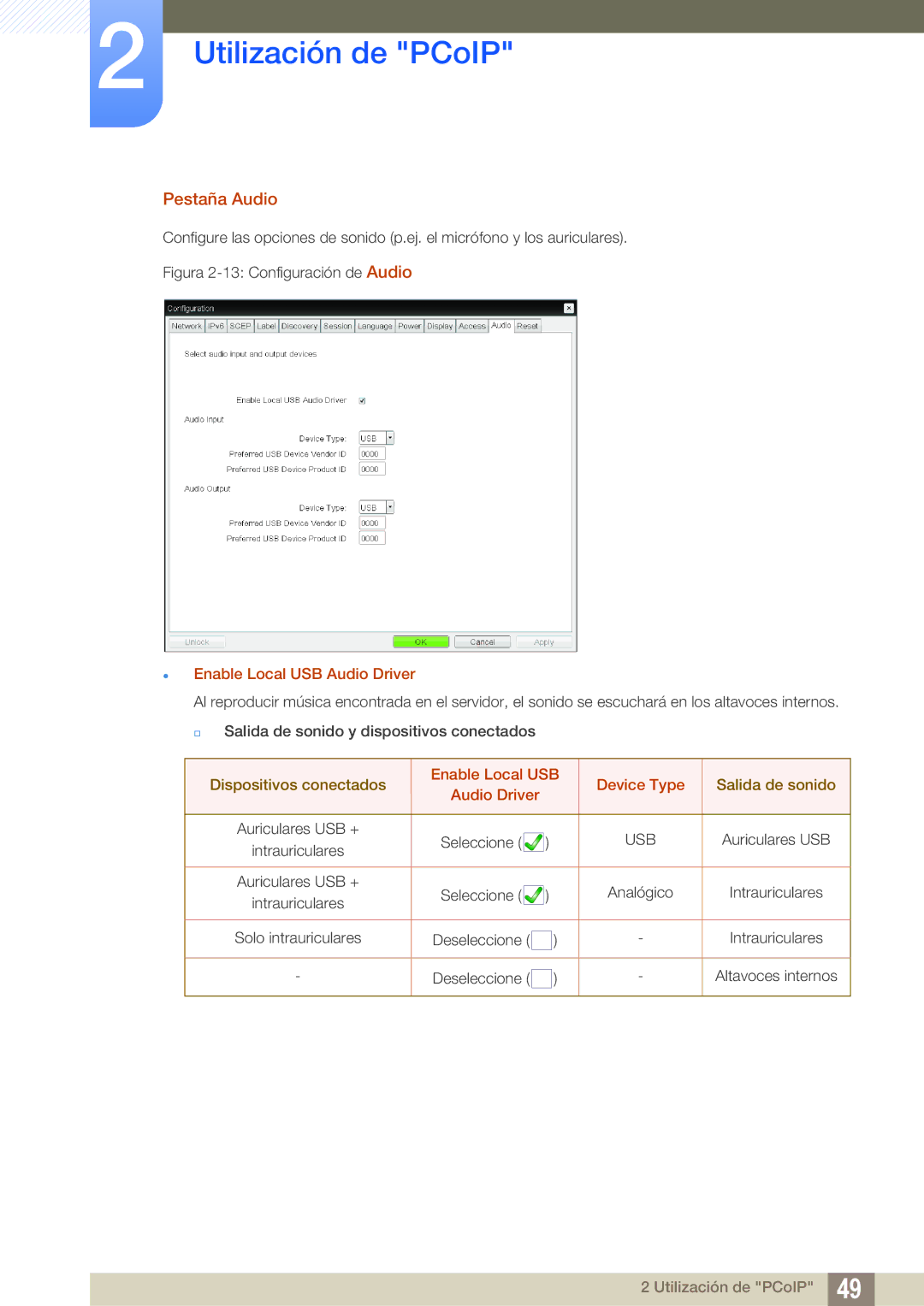 Samsung LF24FN1PFBZXEN, LF24NEBHBNM/EN manual Pestaña Audio,  Enable Local USB Audio Driver, Enable Local USB Device Type 