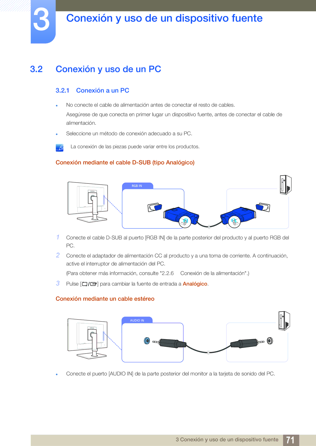 Samsung LF24FN1PFBZXEN manual Conexión y uso de un PC, Conexión a un PC, Conexión mediante el cable D-SUB tipo Analógico 