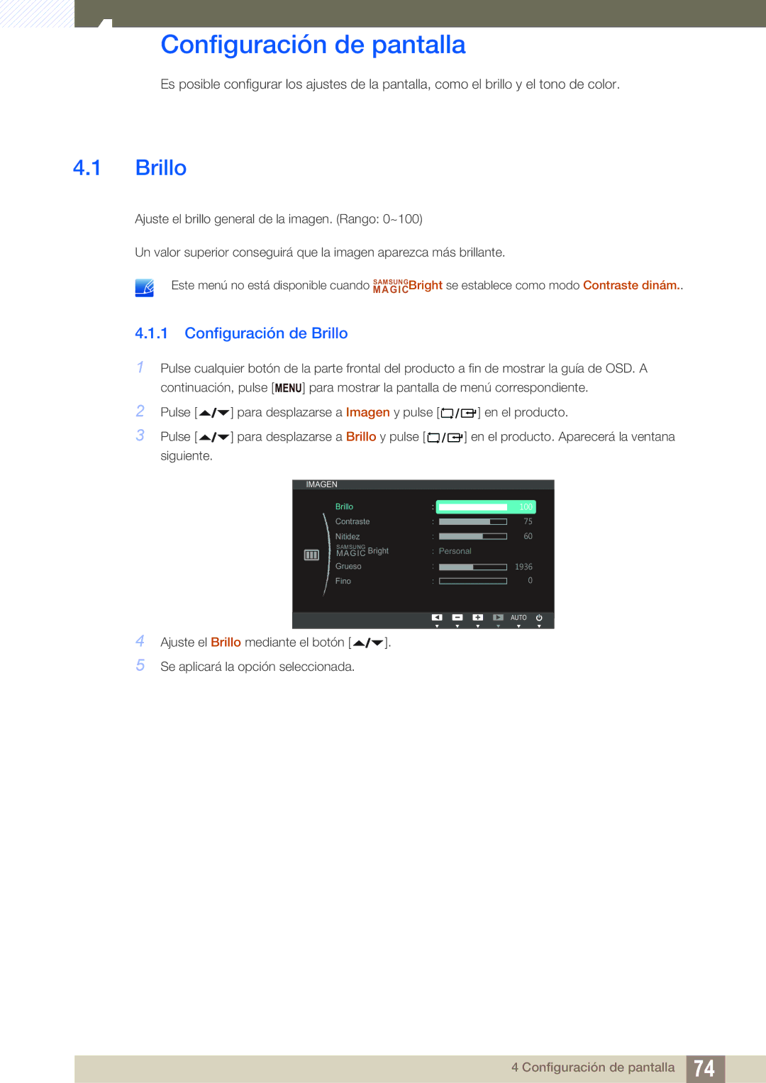 Samsung LF24NEBHBNM/EN, LF24FN1PFBZXEN manual Configuración de pantalla, Configuración de Brillo 