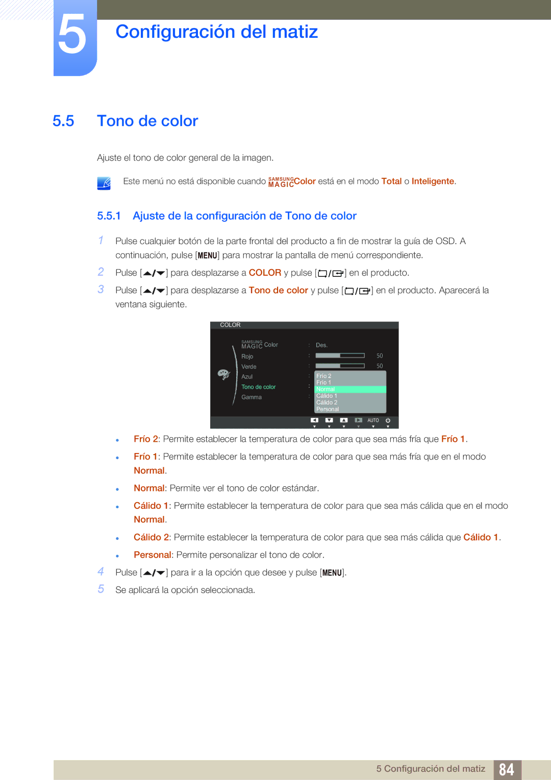 Samsung LF24NEBHBNM/EN, LF24FN1PFBZXEN manual Ajuste de la configuración de Tono de color 