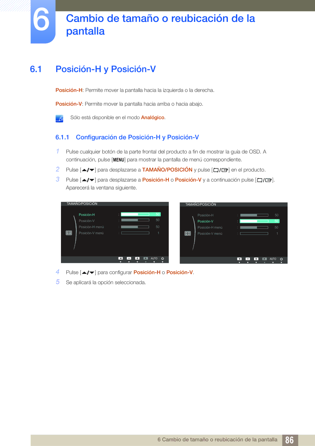 Samsung LF24NEBHBNM/EN, LF24FN1PFBZXEN manual Cambiopantalla de tamaño o reubicación de la, Posición-H y Posición-V 