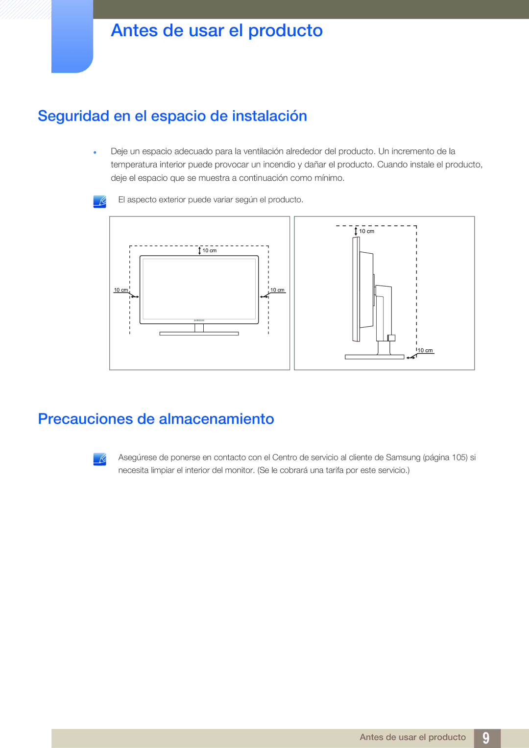 Samsung LF24FN1PFBZXEN, LF24NEBHBNM/EN manual Seguridad en el espacio de instalación, Precauciones de almacenamiento 