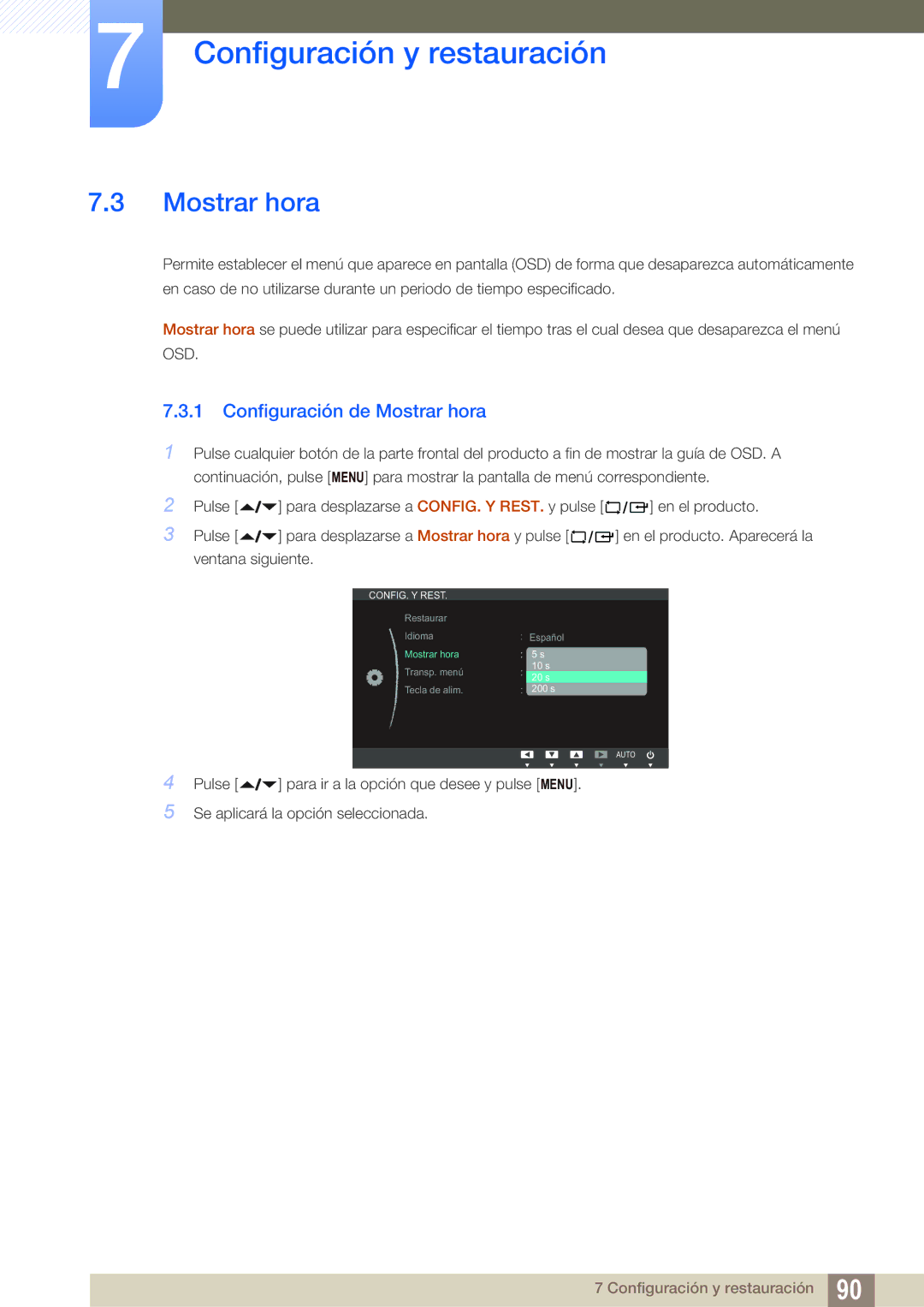 Samsung LF24NEBHBNM/EN, LF24FN1PFBZXEN manual Configuración de Mostrar hora 