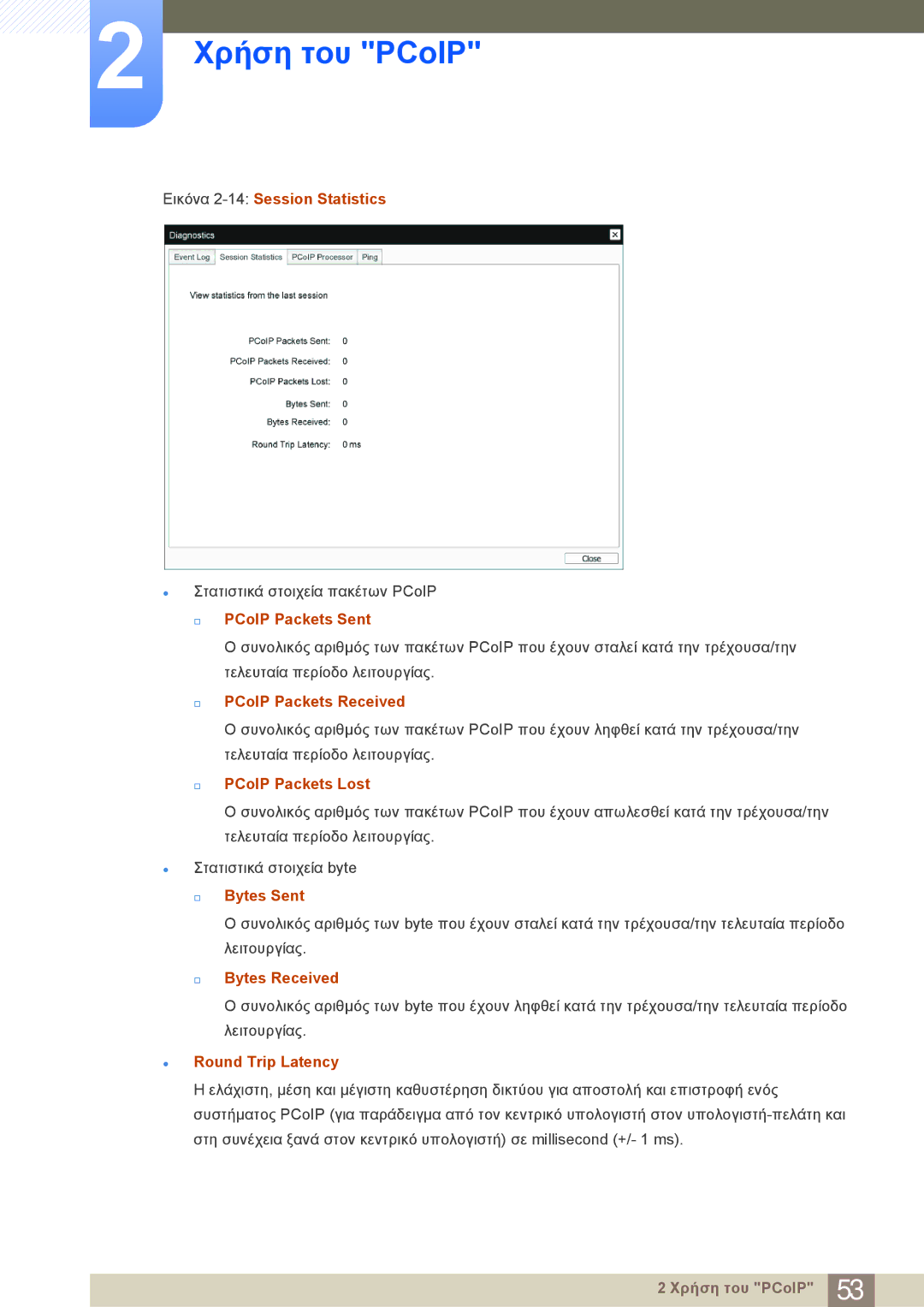 Samsung LF24NEBHBNM/EN Εικόνα 2-14Session Statistics, † PCoIP Packets Sent, † PCoIP Packets Received, † PCoIP Packets Lost 