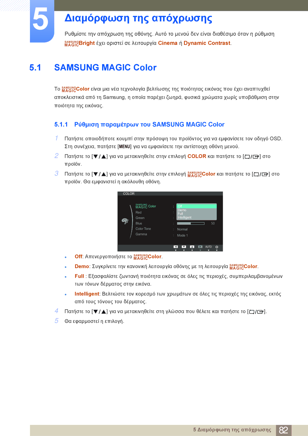 Samsung LF24NEBHBNM/EN manual Διαμόρφωση της απόχρωσης, 1 Ρύθμιση παραμέτρων του Samsung Magic Color 