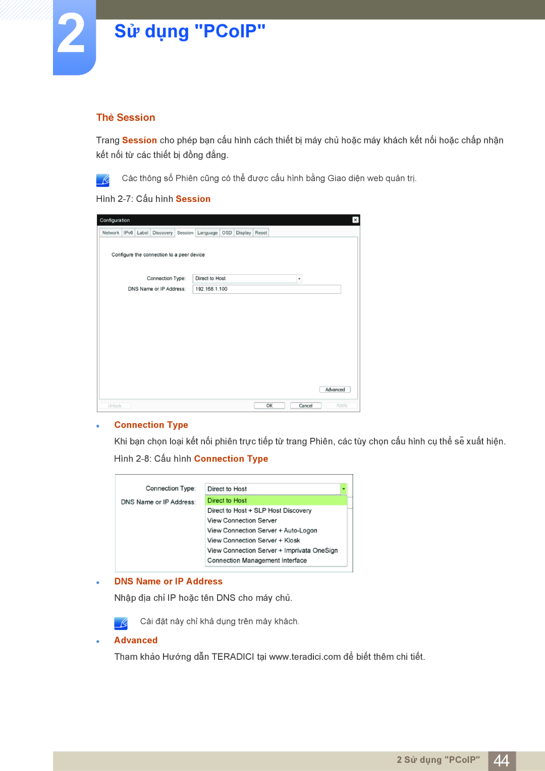 Samsung LF24NEBHBNM/XY, LF19NEBHBNM/XY manual Thẻ Session, Connection Type, DNS Name or IP Address, Advanced 