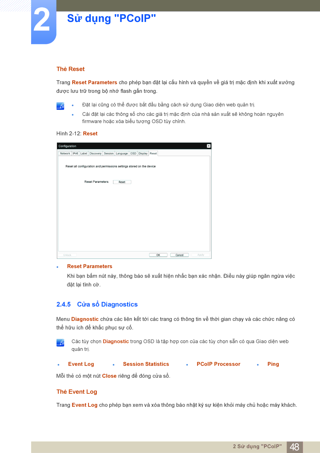 Samsung LF24NEBHBNM/XY, LF19NEBHBNM/XY manual 5 Cửa sổ Diagnostics, Thẻ Reset, Thẻ Event Log 