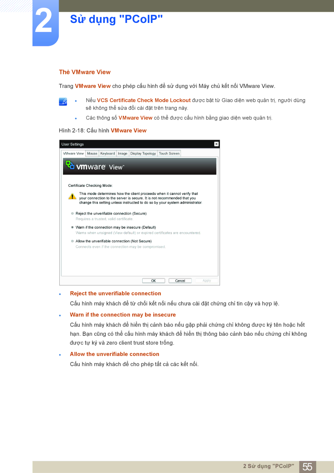 Samsung LF19NEBHBNM/XY manual Thẻ VMware View, Reject the unverifiable connection, Warn if the connection may be insecure 