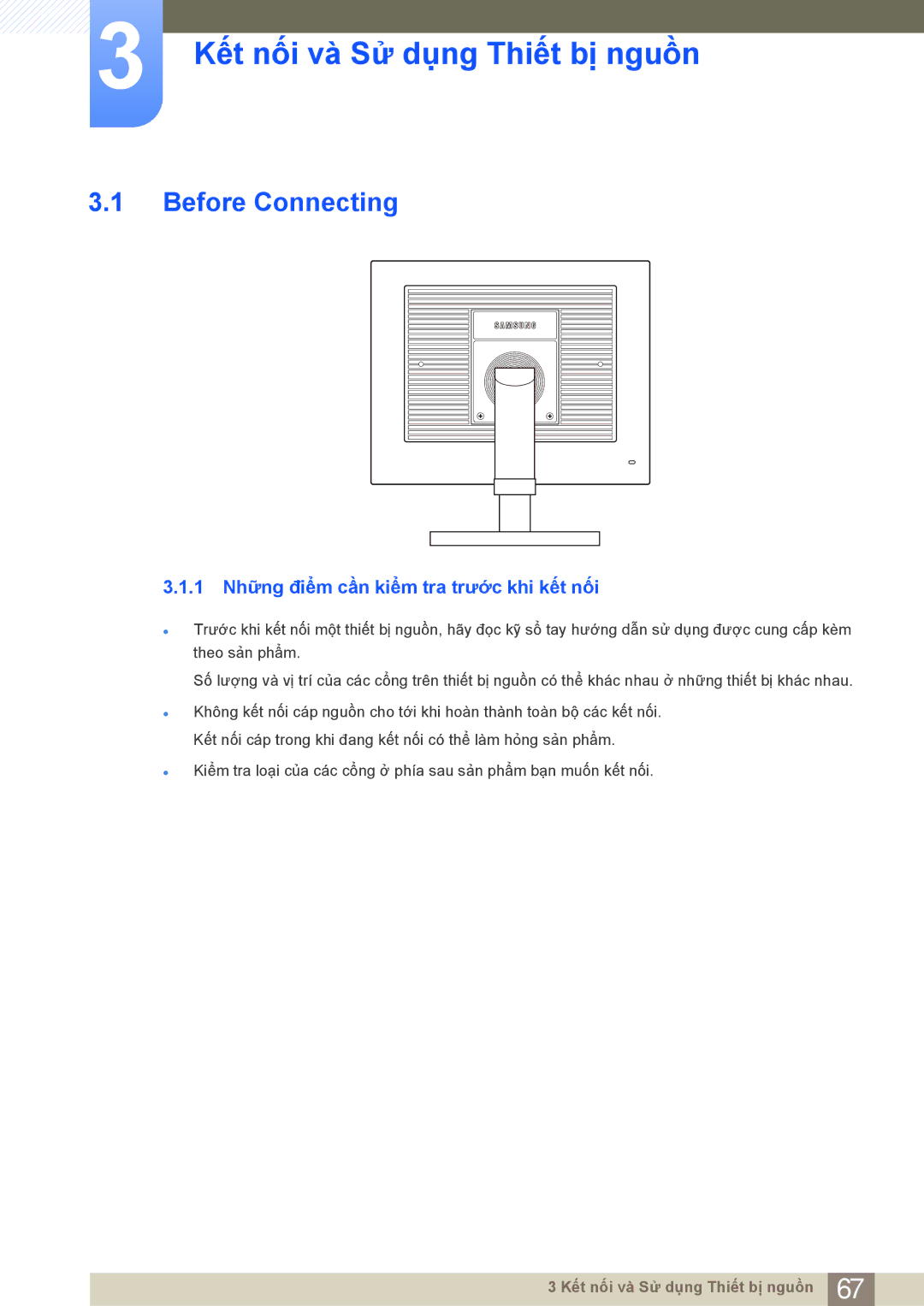 Samsung LF19NEBHBNM/XY Kết nối và Sử dụng Thiết bị nguồn, Before Connecting, 1 Những điểm cần kiểm tra trước khi kết nối 