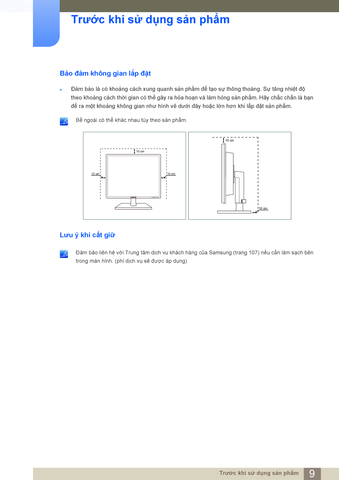 Samsung LF19NEBHBNM/XY, LF24NEBHBNM/XY manual Bảo đảm không gian lắp đặt, Lưu ý khi cất giữ 