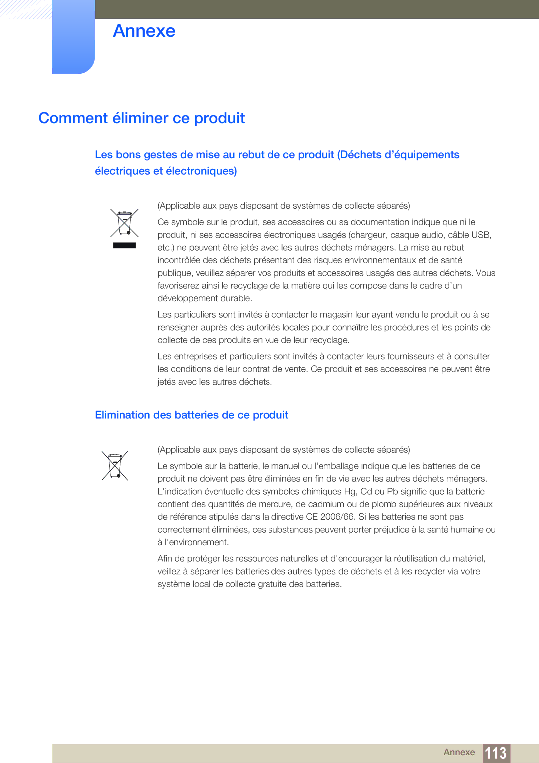 Samsung LF24FN1PFBZXEN, LF24NEBHBNU/EN, LF22NTBHBNM/EN Comment éliminer ce produit, Elimination des batteries de ce produit 