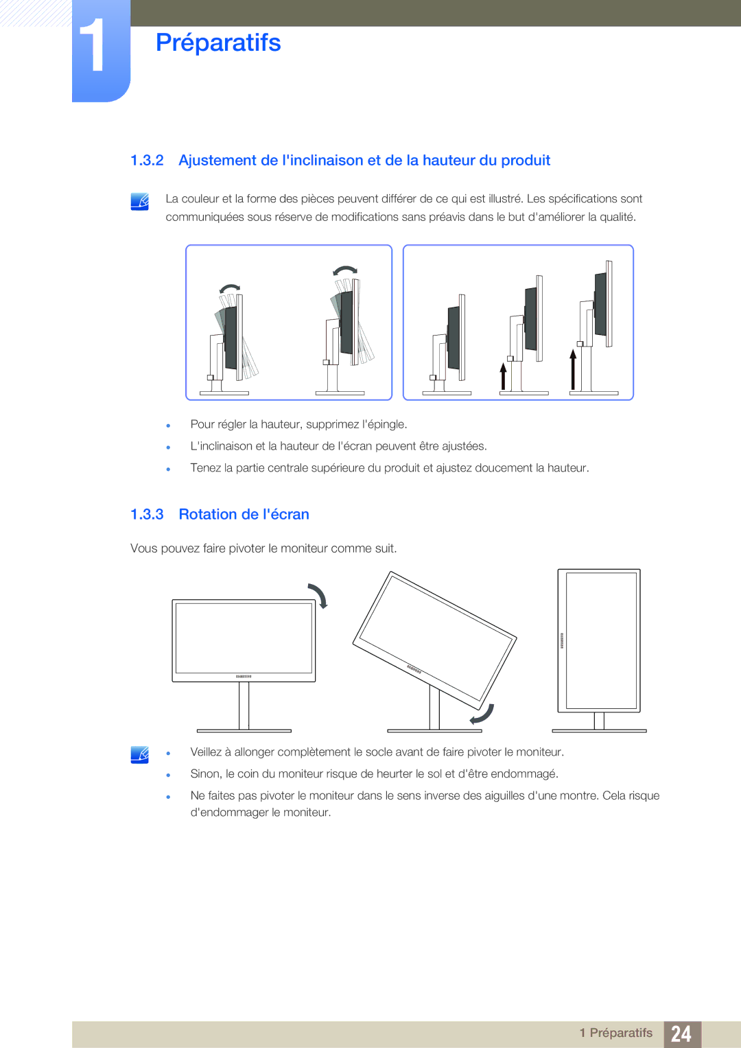 Samsung LF22FN1PFBZXEN, LF24NEBHBNU/EN manual Ajustement de linclinaison et de la hauteur du produit, Rotation de lécran 