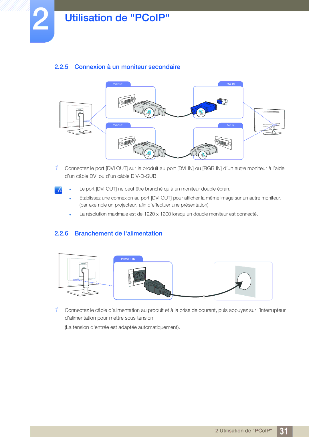 Samsung LF22NTBHBNM/EN, LF24NEBHBNU/EN, LF24NEBHBNM/EN Connexion à un moniteur secondaire, Branchement de lalimentation 