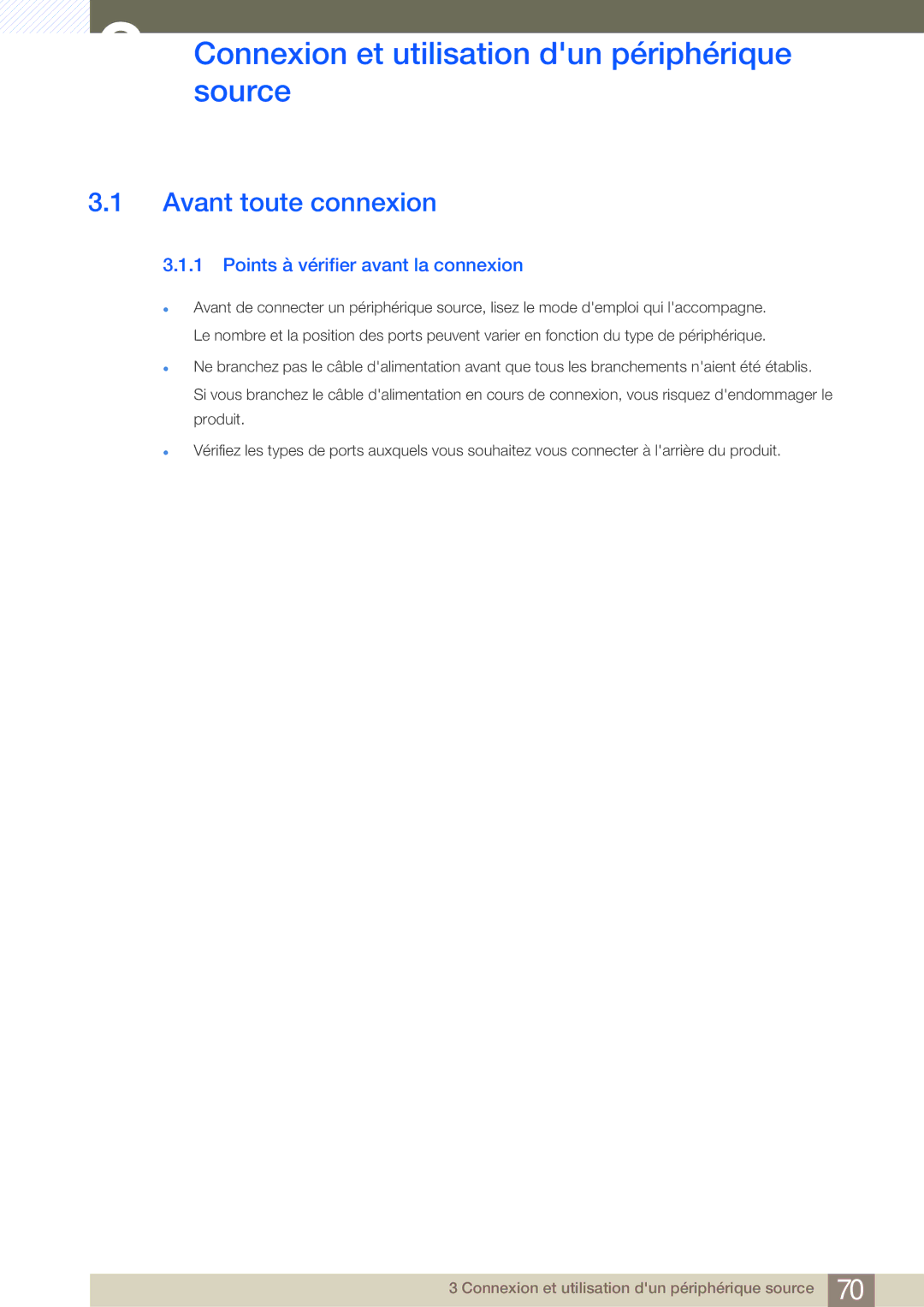 Samsung LF24NEBHBNU/EN, LF22NTBHBNM/EN manual Connexionsource et utilisation dun périphérique, Avant toute connexion 