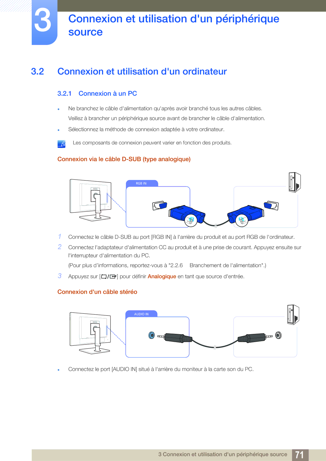 Samsung LF22NTBHBNM/EN manual Connexion et utilisation dun ordinateur, Connexion à un PC, Connexion dun câble stéréo 