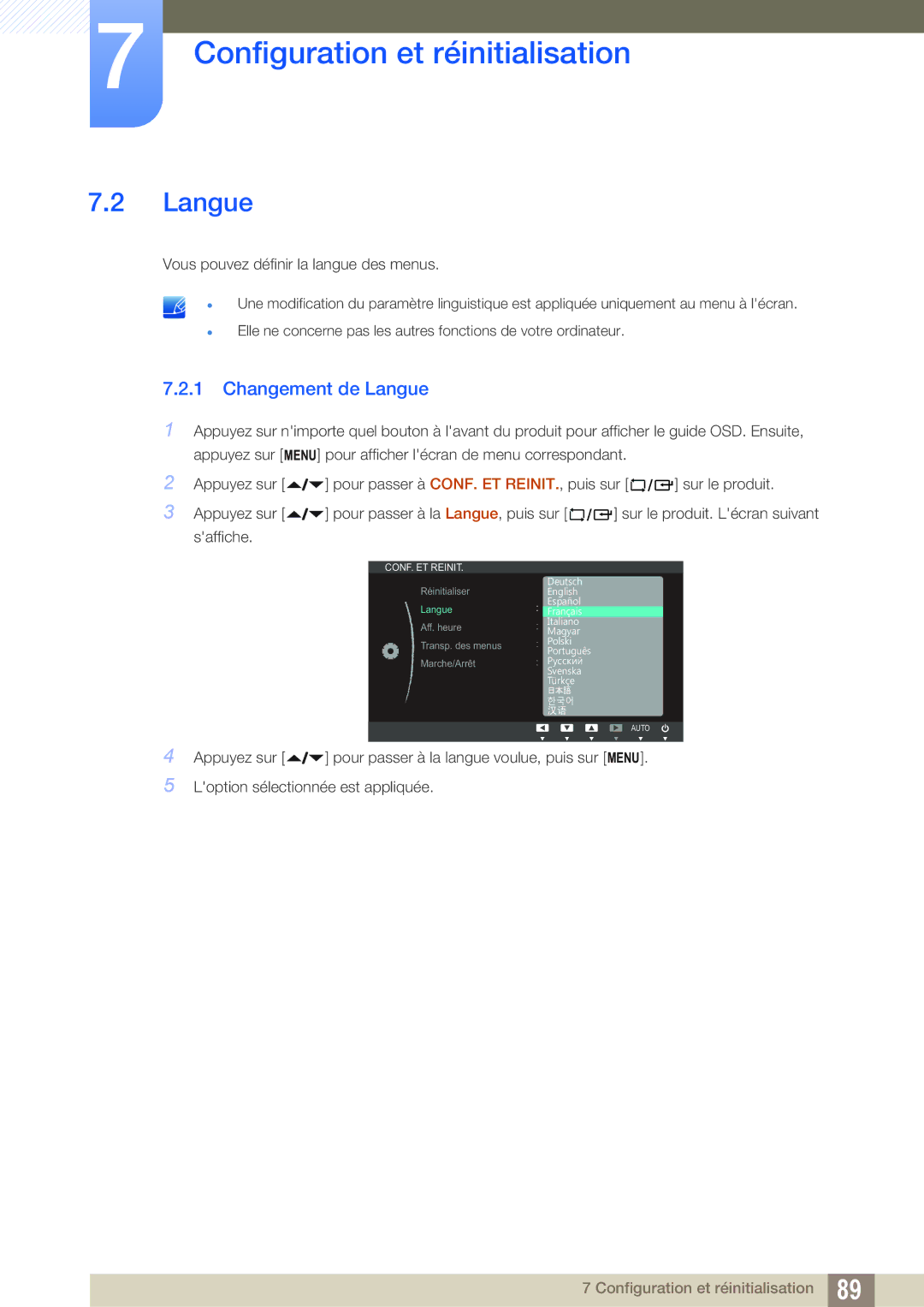 Samsung LF22FN1PFBZXEN, LF24NEBHBNU/EN, LF22NTBHBNM/EN, LF24NEBHBNM/EN, LF24FN1PFBZXEN manual Changement de Langue 