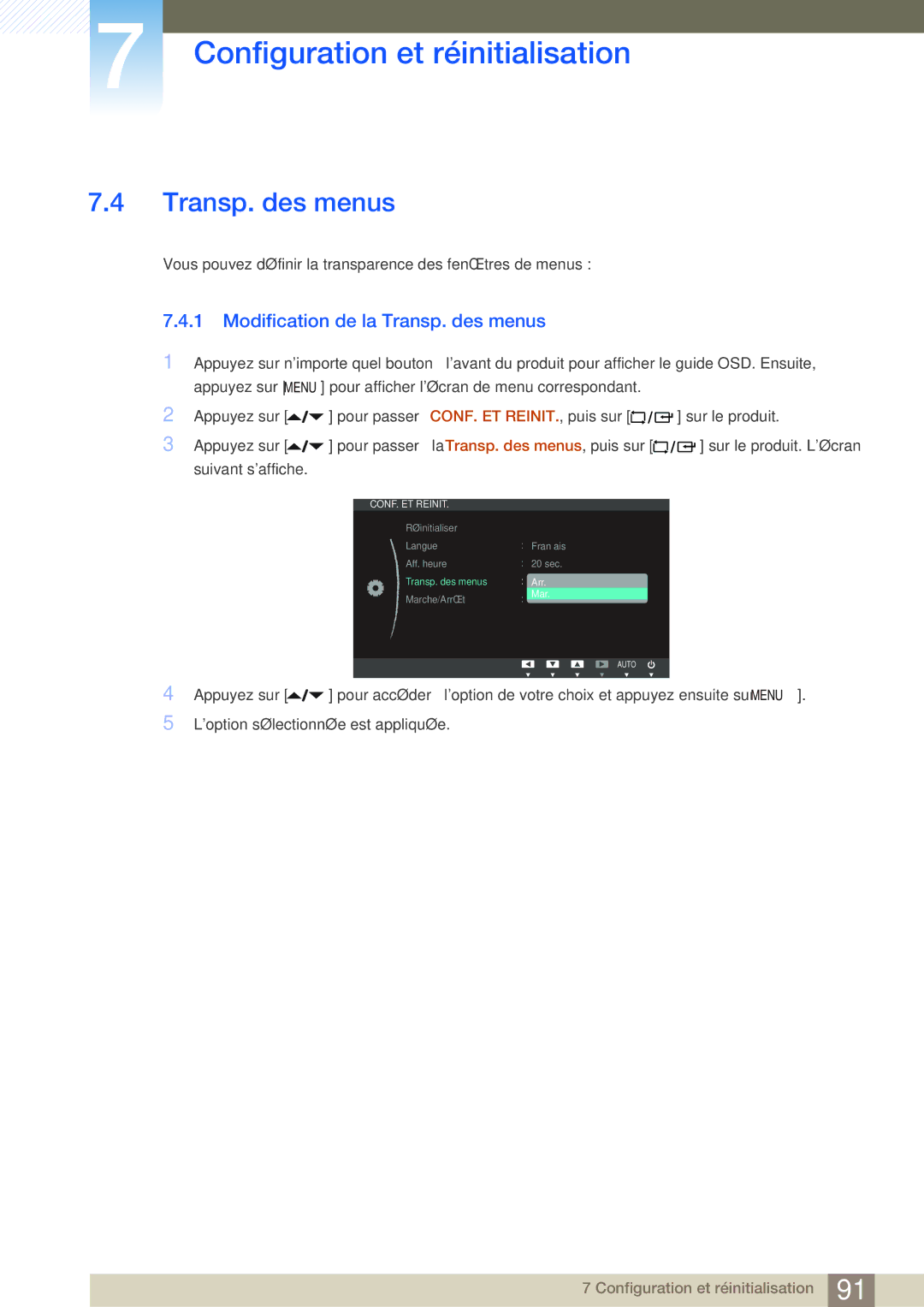 Samsung LF22NTBHBNM/EN, LF24NEBHBNU/EN, LF24NEBHBNM/EN, LF24FN1PFBZXEN manual Modification de la Transp. des menus 