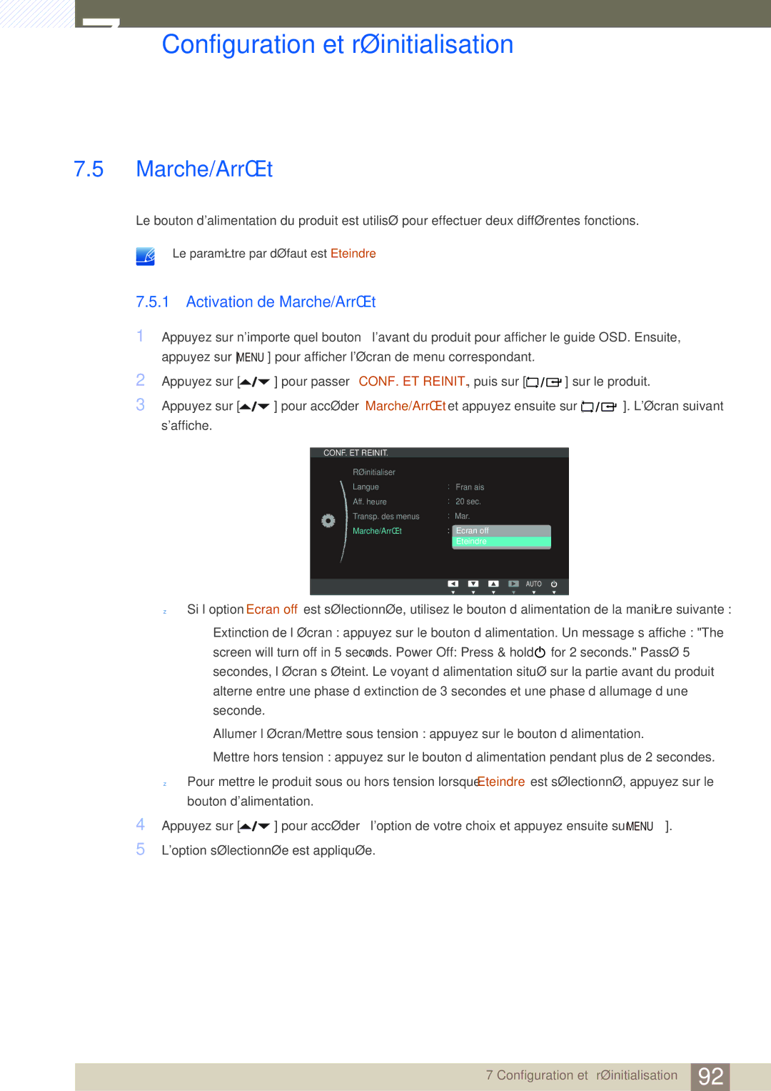 Samsung LF24NEBHBNM/EN, LF24NEBHBNU/EN, LF22NTBHBNM/EN, LF24FN1PFBZXEN, LF22FN1PFBZXEN manual Activation de Marche/Arrêt 