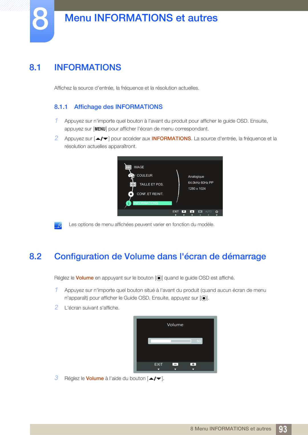 Samsung LF24FN1PFBZXEN, LF24NEBHBNU/EN manual Menu Informations et autres, Configuration de Volume dans lécran de démarrage 