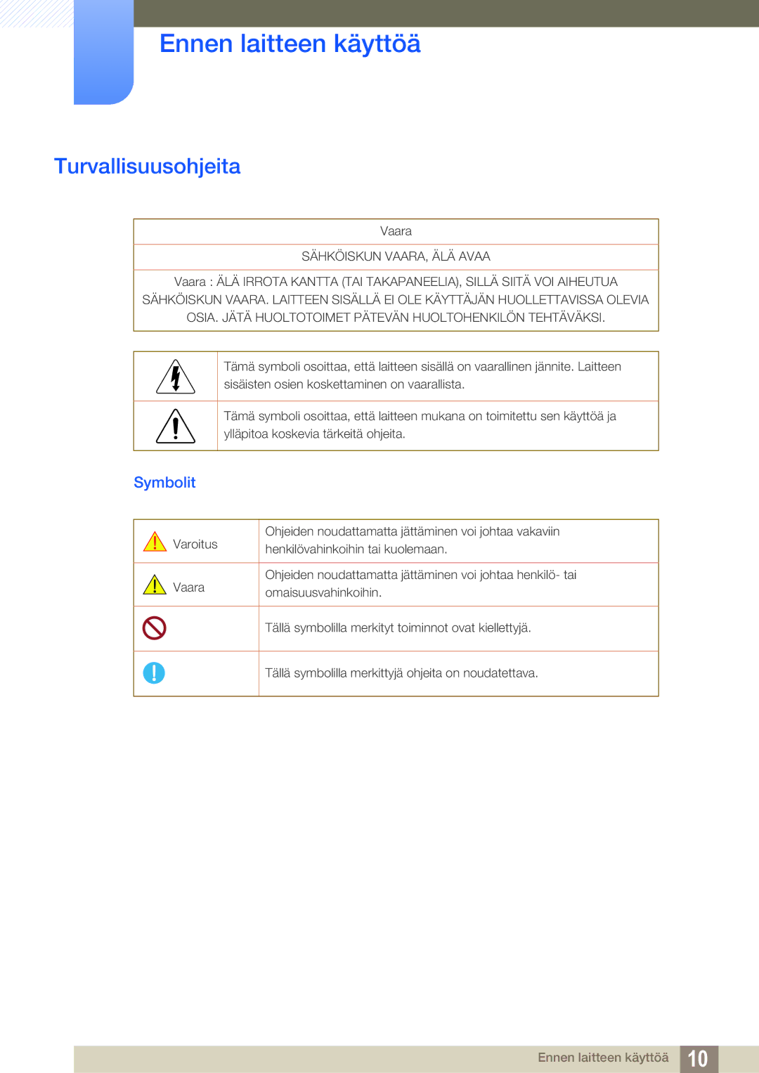 Samsung LF24NEBHBNM/EN, LF24NEBHBNU/EN, LF22NTBHBNM/EN, LF24FN1PFBZXEN manual Turvallisuusohjeita, Symbolit 