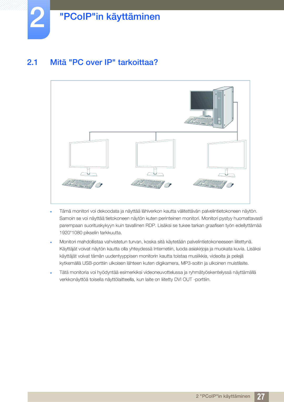 Samsung LF24FN1PFBZXEN, LF24NEBHBNU/EN, LF22NTBHBNM/EN, LF24NEBHBNM/EN manual PCoIPin käyttäminen, Mitä PC over IP tarkoittaa? 