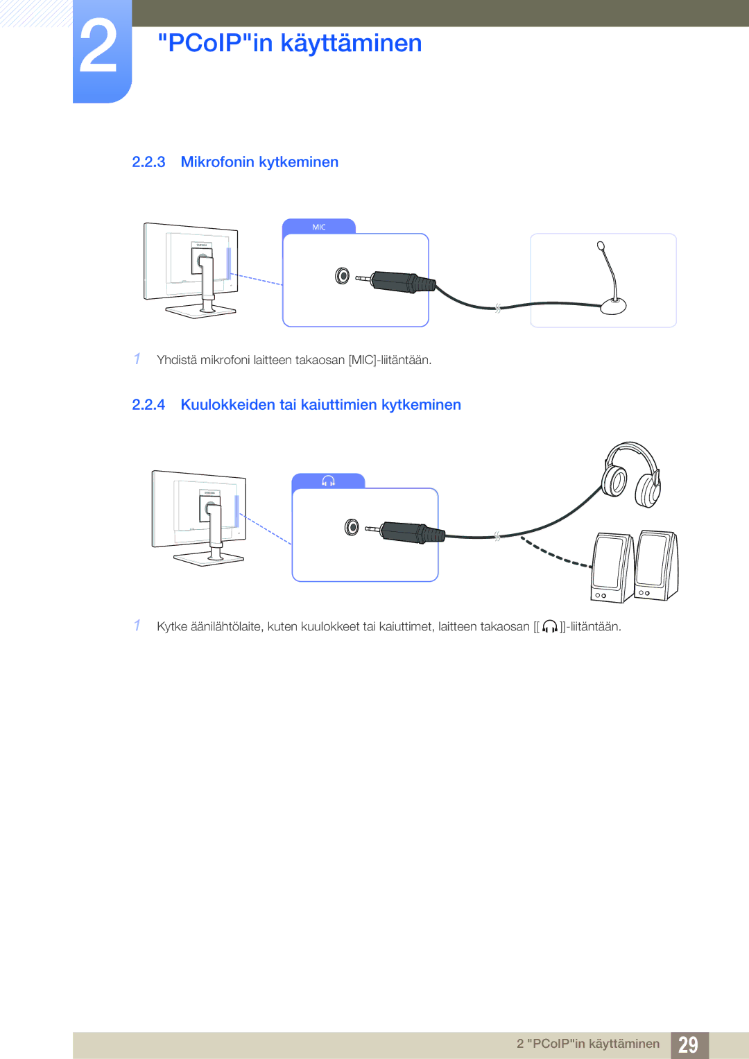 Samsung LF22NTBHBNM/EN, LF24NEBHBNU/EN, LF24NEBHBNM/EN manual Mikrofonin kytkeminen, Kuulokkeiden tai kaiuttimien kytkeminen 
