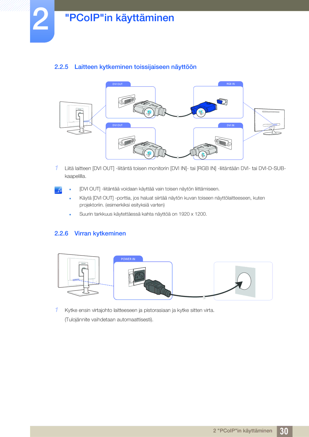 Samsung LF24NEBHBNM/EN, LF24NEBHBNU/EN, LF22NTBHBNM/EN manual Laitteen kytkeminen toissijaiseen näyttöön, Virran kytkeminen 