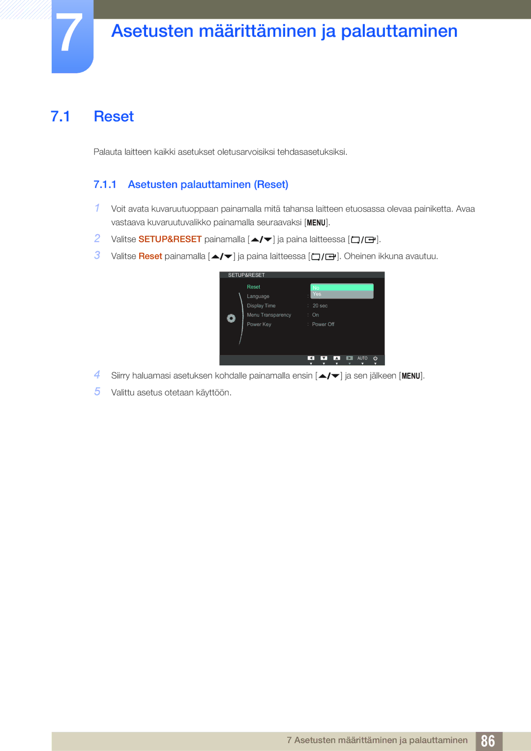 Samsung LF24NEBHBNM/EN, LF24NEBHBNU/EN manual Asetusten määrittäminen ja palauttaminen, Asetusten palauttaminen Reset 