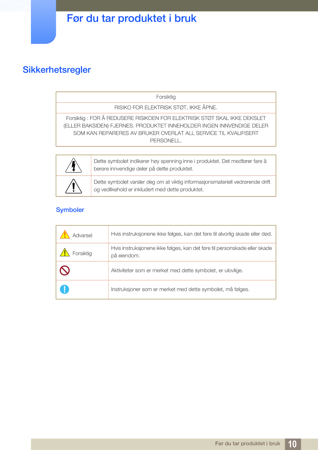 Samsung LF24NEBHBNM/EN, LF24NEBHBNU/EN, LF22NTBHBNM/EN, LF24FN1PFBZXEN manual Sikkerhetsregler, Symboler 