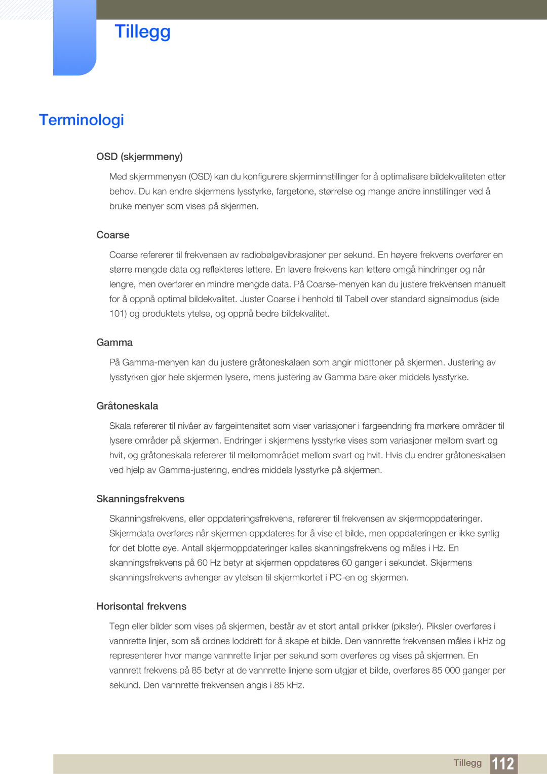 Samsung LF24NEBHBNU/EN, LF22NTBHBNM/EN, LF24NEBHBNM/EN, LF24FN1PFBZXEN manual Terminologi, OSD skjermmeny 