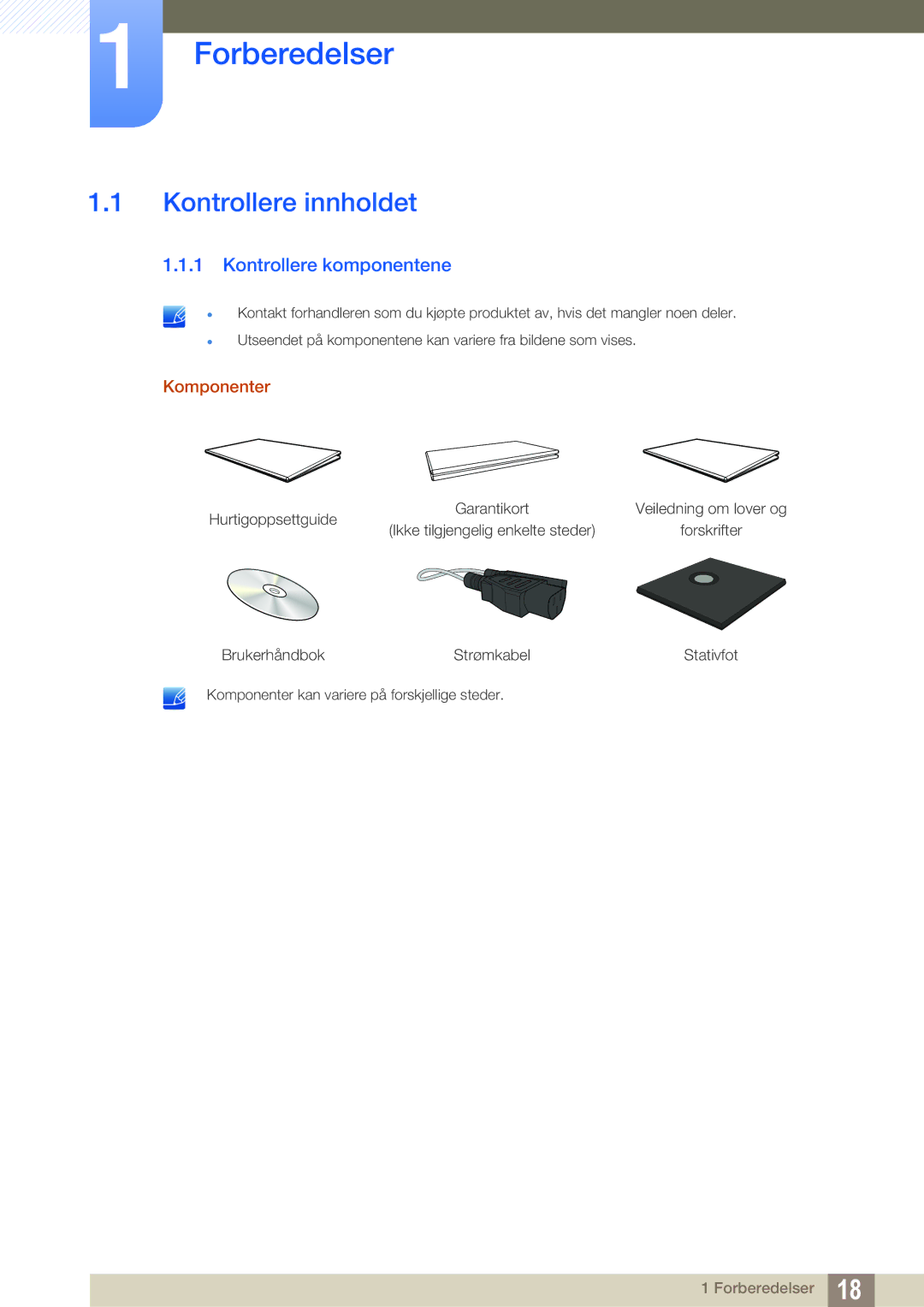 Samsung LF24NEBHBNM/EN, LF24NEBHBNU/EN manual Forberedelser, Kontrollere innholdet, Kontrollere komponentene, Komponenter 