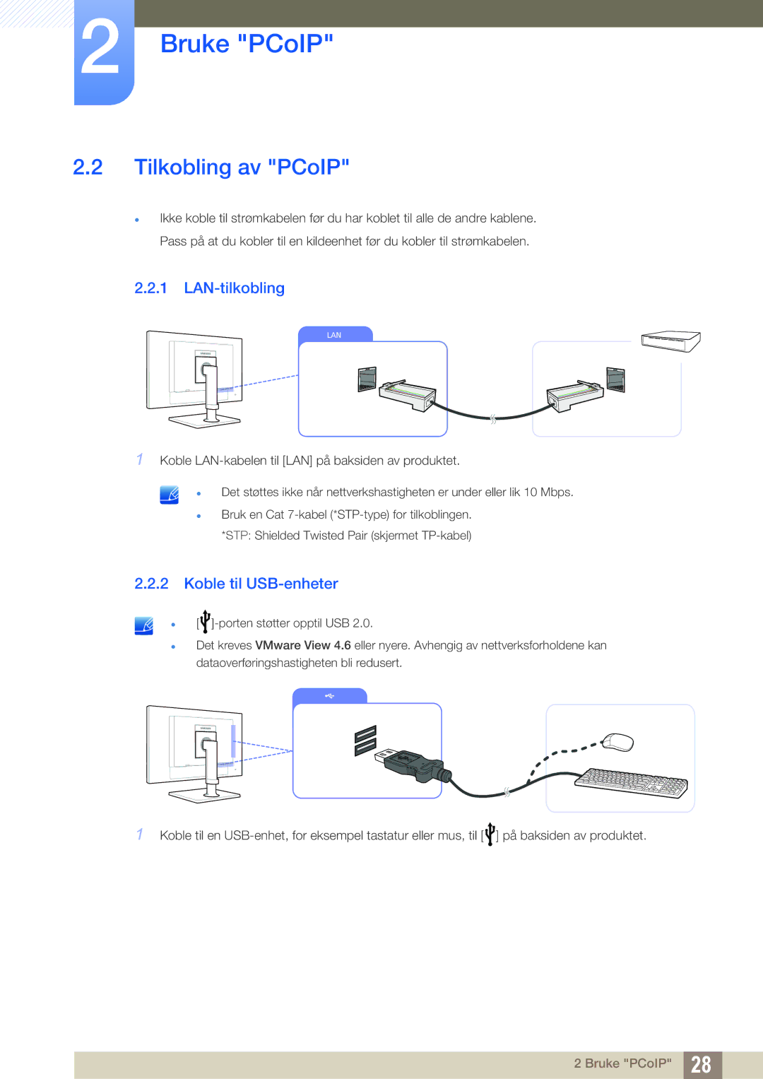 Samsung LF24NEBHBNU/EN, LF22NTBHBNM/EN, LF24NEBHBNM/EN manual Tilkobling av PCoIP, LAN-tilkobling, Koble til USB-enheter 