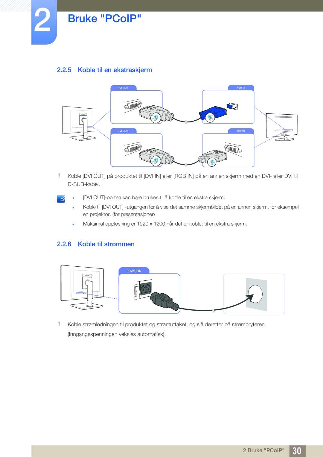 Samsung LF24NEBHBNM/EN, LF24NEBHBNU/EN, LF22NTBHBNM/EN, LF24FN1PFBZXEN manual Koble til en ekstraskjerm, Koble til strømmen 