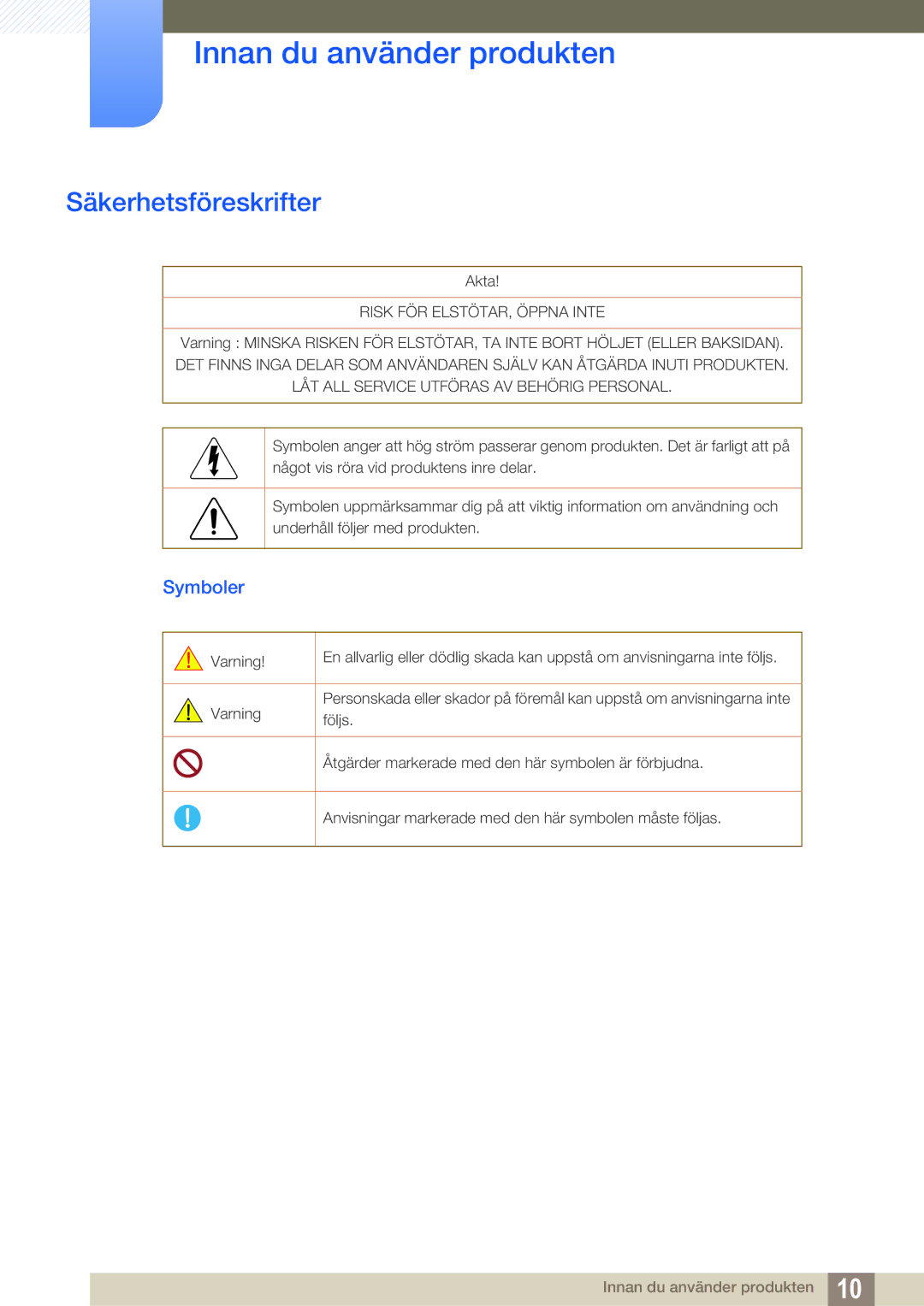 Samsung LF24NEBHBNM/EN, LF24NEBHBNU/EN, LF22NTBHBNM/EN, LF24FN1PFBZXEN manual Säkerhetsföreskrifter, Symboler 