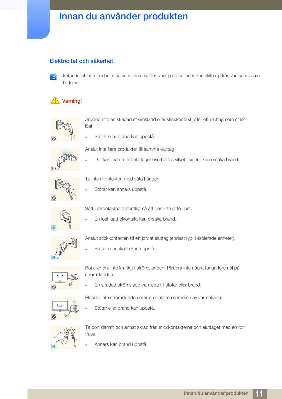 Samsung LF24FN1PFBZXEN, LF24NEBHBNU/EN, LF22NTBHBNM/EN, LF24NEBHBNM/EN manual Elektricitet och säkerhet, Varning 