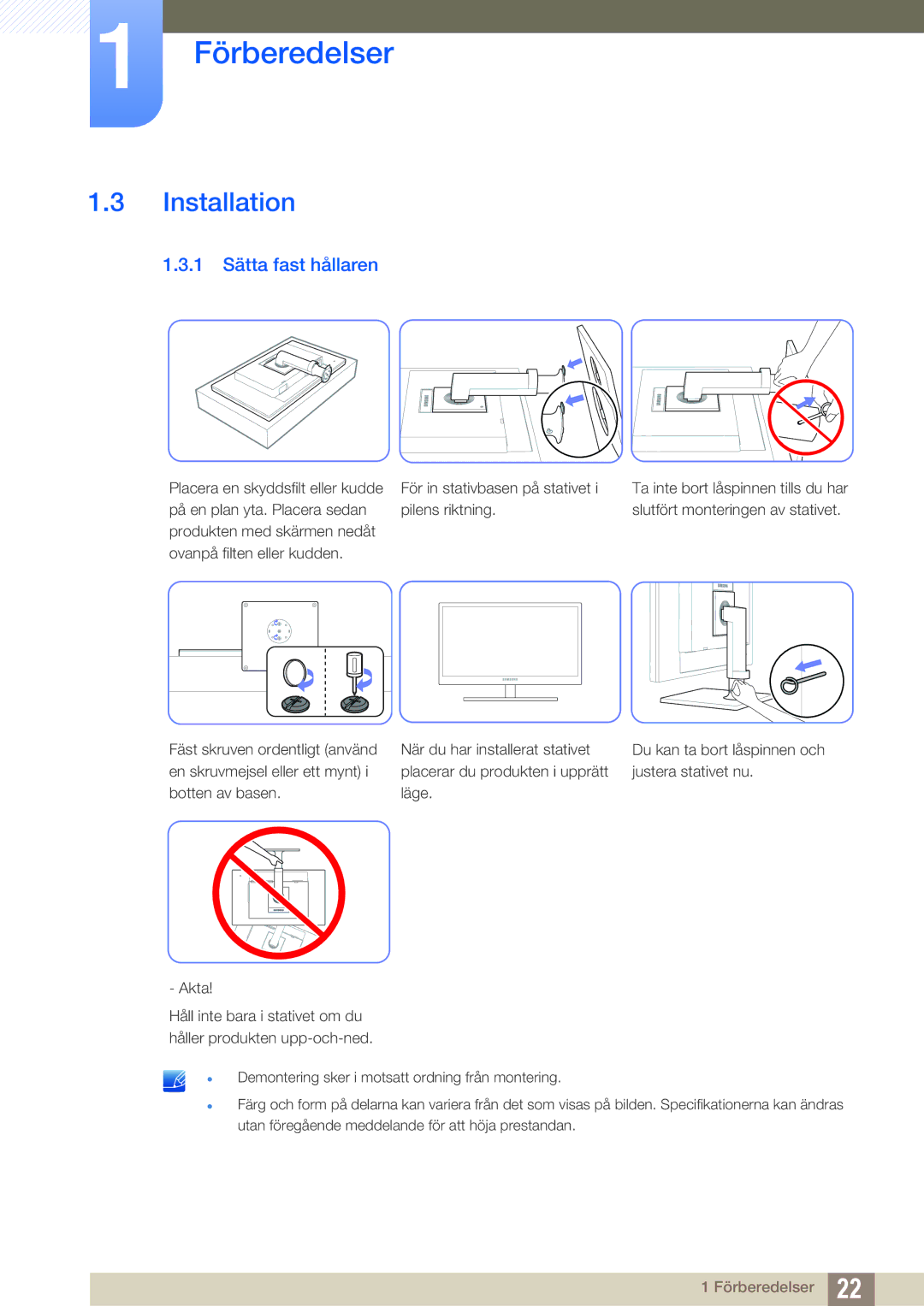 Samsung LF24NEBHBNM/EN, LF24NEBHBNU/EN, LF22NTBHBNM/EN, LF24FN1PFBZXEN manual Installation, 1 Sätta fast hållaren 