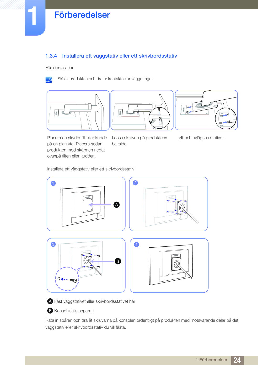 Samsung LF24NEBHBNU/EN, LF22NTBHBNM/EN, LF24NEBHBNM/EN, LF24FN1PFBZXEN Installera ett väggstativ eller ett skrivbordsstativ 